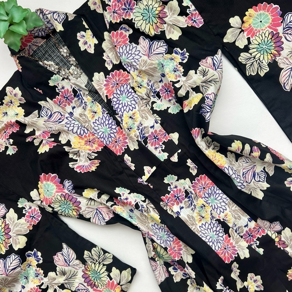 Japanese Floral Kimono Yukata Cotton Long Robe Black Multi Color Chrysanthemum